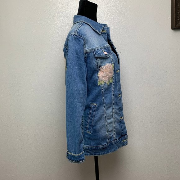 Lularoe Jaxon Embroidered Rose Denim Jacket - Picture 5 of 8